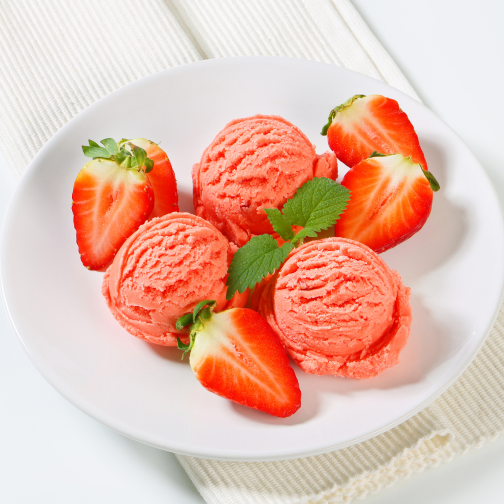 bowl of strawberries and sherbet